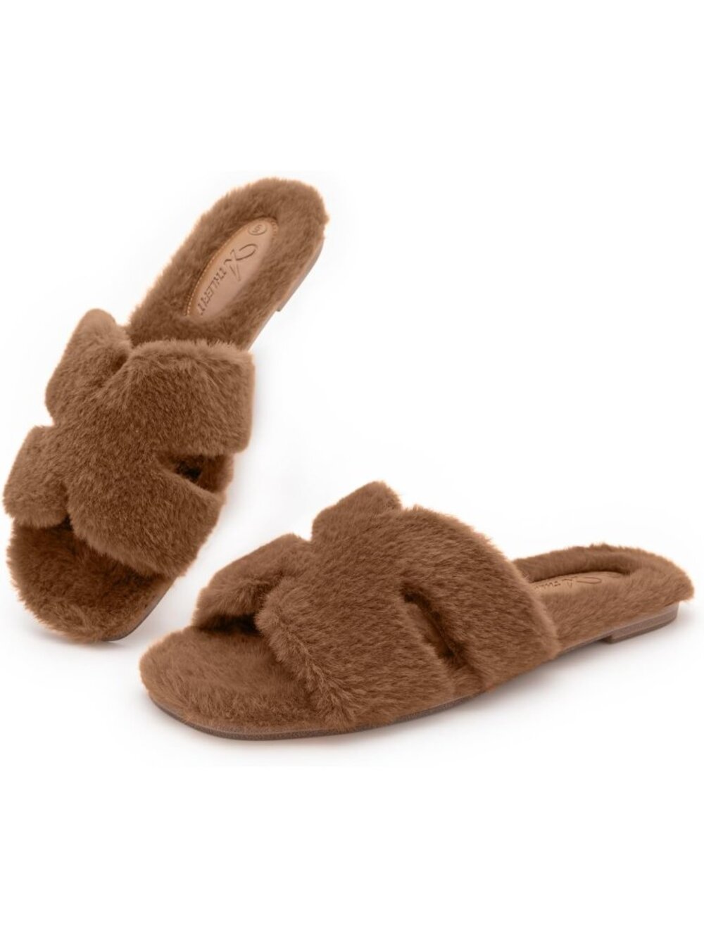 Women's Brown Cute Comfy Fluffy Fuzzy Faux Fur Open Toe Slip On Indoor Slippers